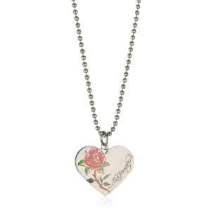 Ed Hardy Rose Stainless Steel Color Printed Heart Pendant With Logo 