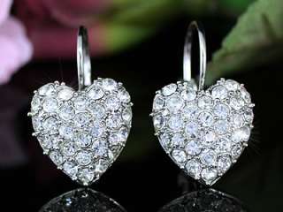 White Gold Pla Heart Earrings w Swarovski Crystal SE106  