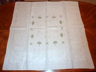 VINTAGE embroidered LINEN 41 x 41 TABLECLOTH with GREEN TREES  