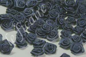 Small Satin Ribbon Rose Flower Applique Dolls Trim Navy  
