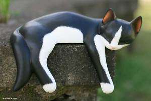 Sleeping Tuxedo Cat~Hand carved Wood Sculpture~Novica  