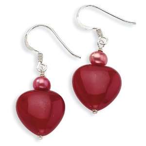  Sterling Silver Red Jade Hearts/Freshwater Cultured Pearl 