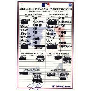  Diamondbacks vs. Dodgers 4 25 2005 Game Used Lineup Card 