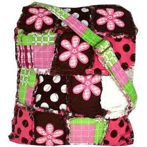  Rag Quilted Patchwork Flower Messenger Bag Brown Pink & Green 