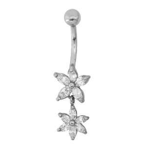 Cubic Zirconia Double Flowers Dangle 14K White Gold Belly Button Ring