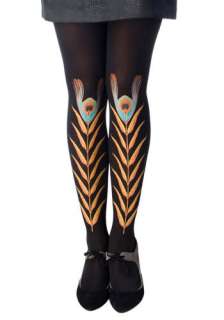  Peacock Feather Tights by Look From London   Black, Orange, Yellow 
