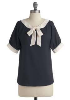 Modern Madeline Top   Blue, White, Bows, Casual, Short Sleeves, Mid 