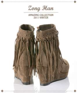 BN Fringe Side Zipper Platform Wedge Boots Women Shoes Brown Black 