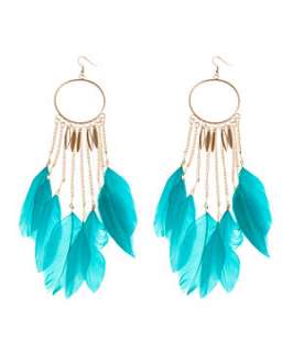Turquoise (Blue) Chain and Blue Feather Hoop Earrings  249970248 