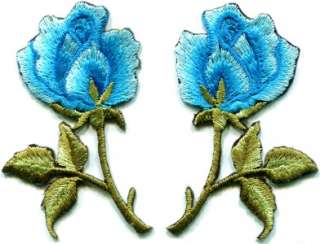 Blue roses pair flowers floral retro boho hippie applique iron on 