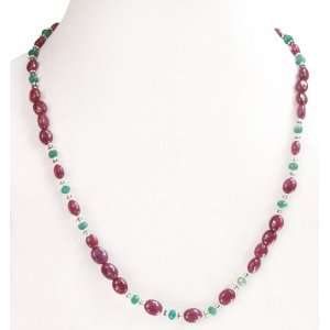Single Strand Elegant Natural Cabochon Ruby & Emerald Beaded Necklace