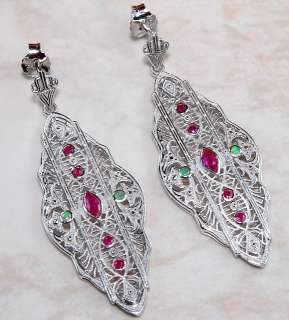 Natural Ruby & Opal 925 Solid Sterling Silver Filigree Earrings 2 