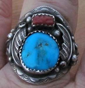 MENS OLD PAWN VINTAGE WESTERN STAMPED STERLING SILVER TURQUOISE CORAL 