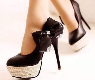 Weave Platform High Heel Bowknot Women Shoes Black/Ivory  