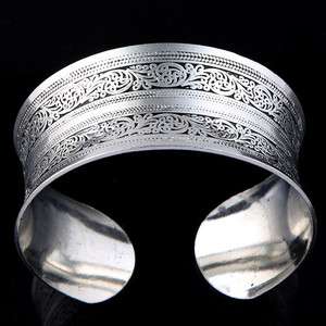 vintage wide tibet silver carved lucky flower totem cuff bangle 