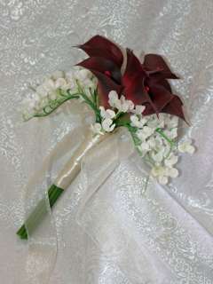 Burgundy Wine Calla Lily Lilies BRIDAL Bridesmaid BOUQUET Silk Wedding 