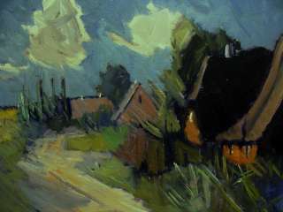 Arnold William Pedersen 1912 86, Dorfszene mit Wolken, um 1960  