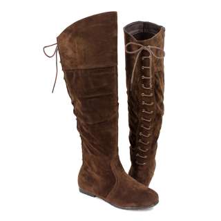 Womens Knee High Lace Up Back Suede Flat Boots Brown Size 5.5   10 