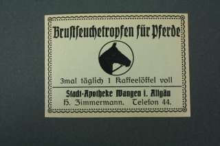 Apotheker Etikett   Brustseuchetropfen für Pferde ~1920  