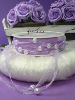 2m Organzaband Perlenband Hochzeit flieder lila weiß  