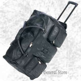 24” Black Leather Rolling Duffle Gym Bag Luggage  