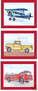 Vintage Red Truck Fire RED Airplane Boys Room Art  