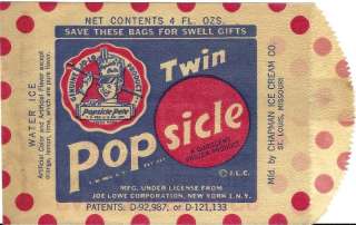 Popsicle Twin Unused Bag Chapman Ice Cream St.Louis,Mo.  