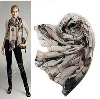 Beige begonia flower ink Long Wrap scarf shawl Fashion  