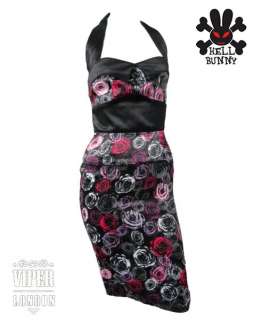 HELL BUNNY Rose Print Pencil Party/Pin Up Dress 8 16  