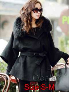 NEW FUR COLLAR HOODED WOMENS Double Breasted BATWING CAPE PONCHO COAT 
