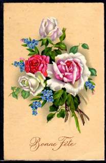   ~G44 Bouquet de ROSES et MYOSOTIS Belle LITHO AMAG~