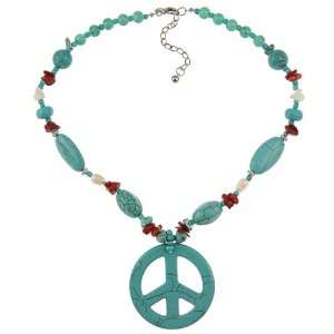  Crystale Turquiose and Coral Peace Sign Necklace Jewelry
