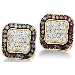 Brown Chocolate and White Round Brilliant Cut Diamond Stud Earrings in 