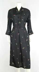 VTG 1940s Black Silk Kimono Style Afternoon Dress w Floral Print 