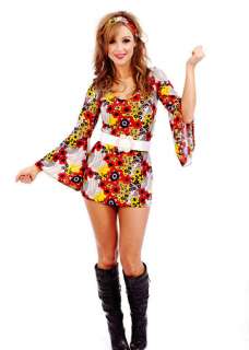 Ladies 60s 70s Retro Hippie Go Go Girl Disco Fancy Dress Costume Full 
