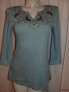   NWT CHARTER CLUB Blue Breeze Embroidery Accent 3/4 Sleeve Shirt Top S