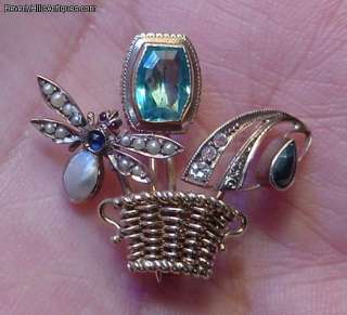 Antique 14k Brooch Pearls Sapphires Rubies Blue Topaz  