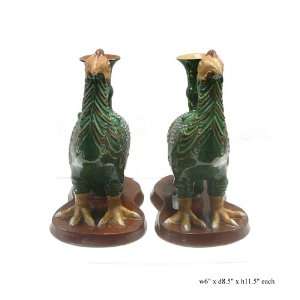   Pair Chinese Clay Green Phoenix Candle Holders As434