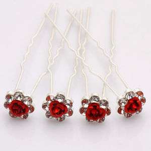 Red Rose Flower Crystal Bridal Wedding Hair Pins Clip  