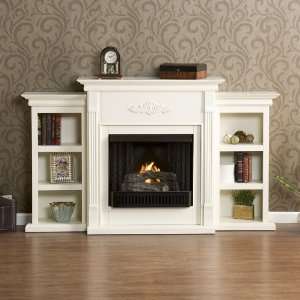   Gel Fuel Fireplace Bookcase Carved Floral in Ivory