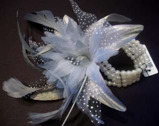 Wedding / Prom Wrist Flower & Feather Corsage GREY  