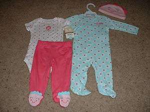 NEW BABY GIRLS CARTERS DAISY 4pc LAYETTE SET OUTFIT PAJAMAS HAT 3M 6M 