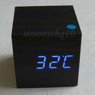 Digital LED Wooden Wood Desktop Alarm Clock Black With USB Cable