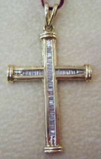 14K Yellow Gold Baguette Diamond Cross Pendant Nice  