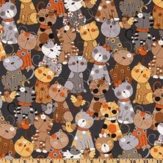  44 Wide Calico Kitty Kat Tweets Treat Charcoal Fabric By 