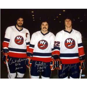 Mike Bossy, Clark Gillies & Bryan Trottier Triple Signed Pose on Ice 