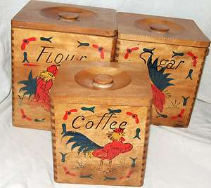Vintage Wood Kitchen Canisters. Flour, Coffee and Sugar. Dovetailed 