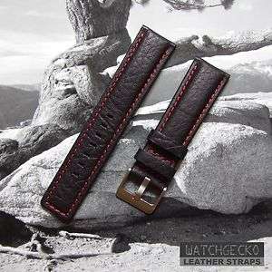 Quality Black Leather Watch Strap with Red Stitching  