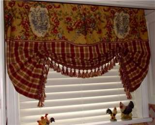 French Country VALANCE Balloon Shade Curtain Red Gold Waverly Toile 