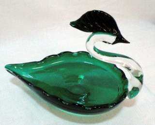 Vintage Green Art Glass Swan Candy Dish  